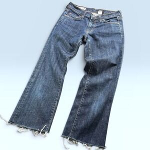 Vintage Red Engine Cropped Jeans Women 26 Blue Denim Raw Hem Stretch Mid Rise